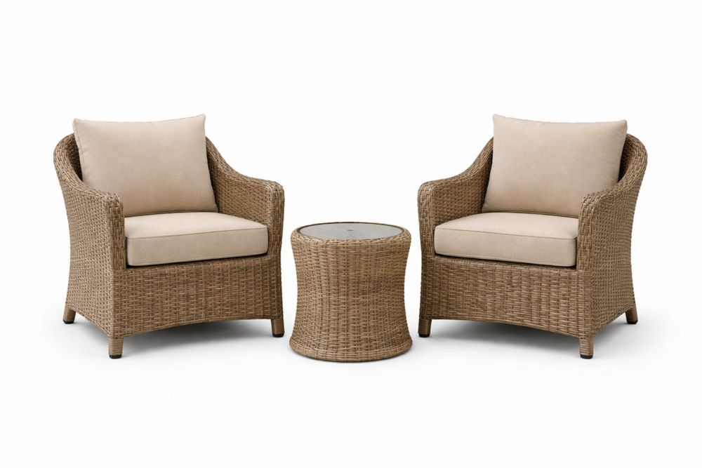 Rattan Wicker Outdoor Lounge Chair Set with Cushions and Glass Top Table Beige-Calmorano
