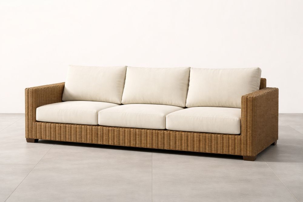 Outdoor Wicker Sofa Polyester Fabric Cushions Beige 3-Seater 213x95x79 cm-Calmorano