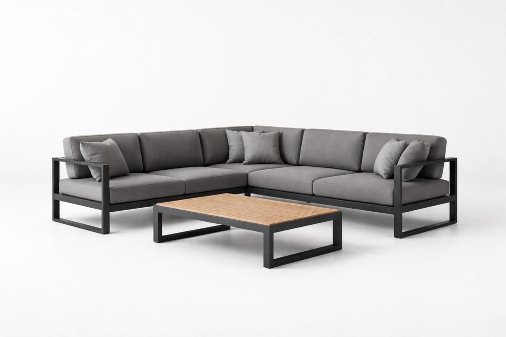 L-Shaped Outdoor Sofa Set with Aluminum Frame and Gray Polyester Cushions-Calmorano