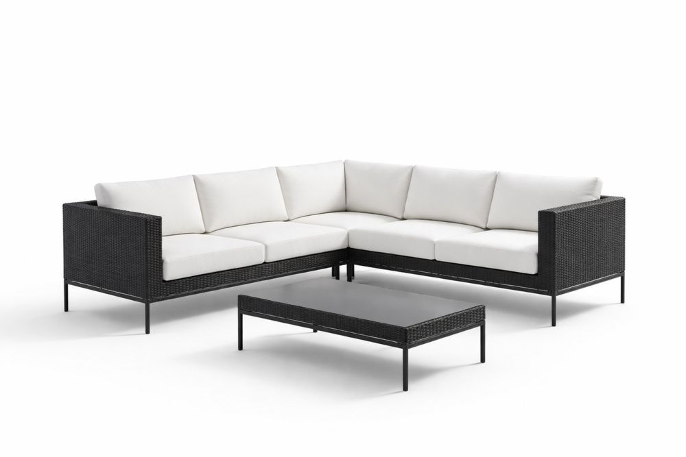 Outdoor Wicker Sectional Sofa Set with Cushions and Glass Coffee Table Black/White-Calmorano