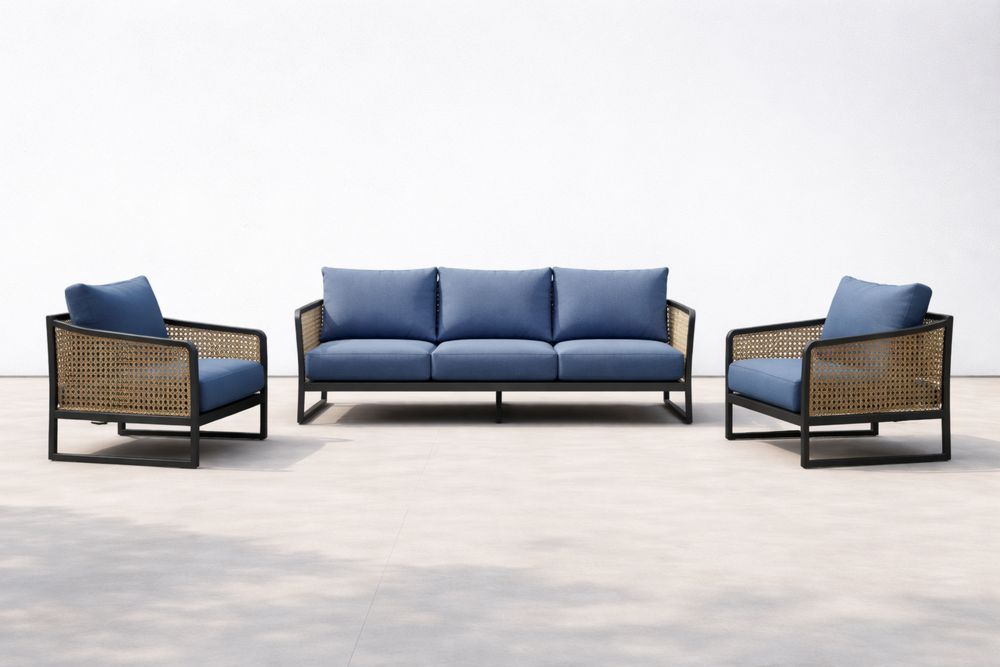 Outdoor Sofa Set Aluminum Rattan with Blue Cushions-Calmorano
