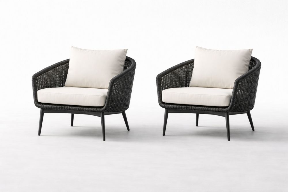 Outdoor Wicker Chair Set with Cushions Black/Ivory-Calmorano