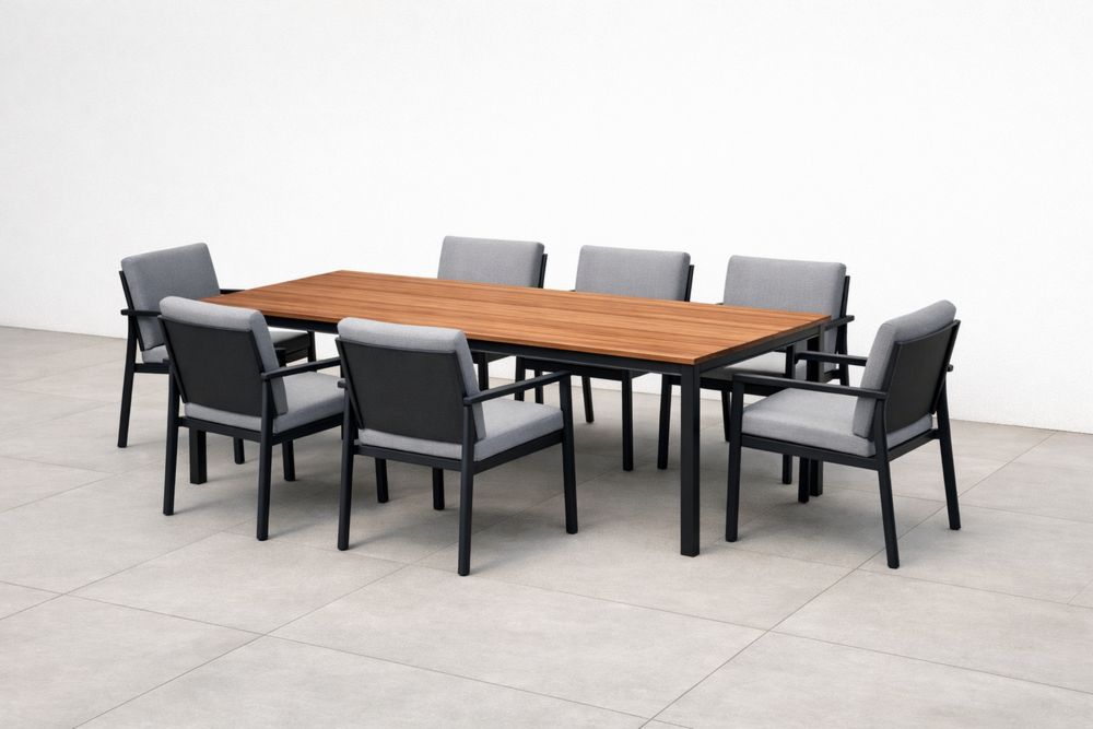 Outdoor Dining Set with Rectangular Teak Wood Table and Gray Fabric Chairs-Calmorano