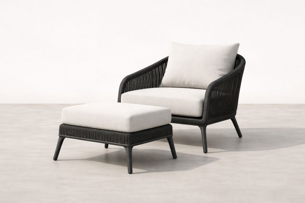 Outdoor Rattan Chair and Ottoman Set with Cushions Beige Black-Calmorano