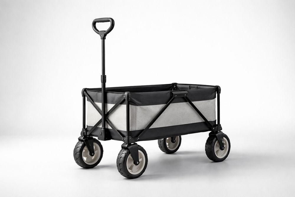 Foldable Utility Wagon Cart Steel Frame Polyester Fabric Gray Large Wheels-Calmorano