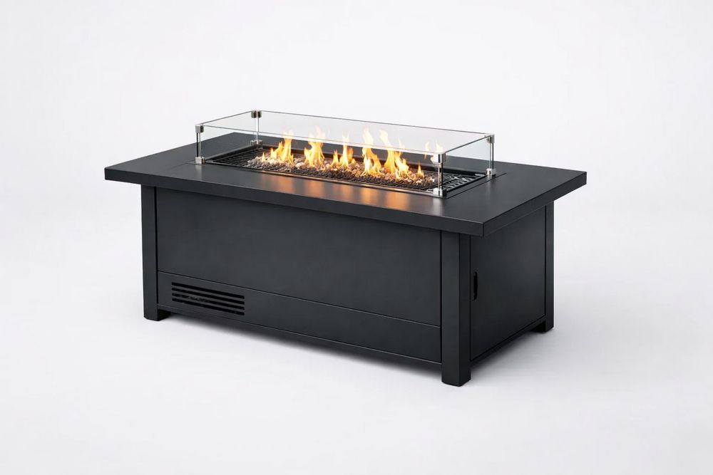 Rectangular Outdoor Fire Pit Table Steel with Tempered Glass Black-Calmorano