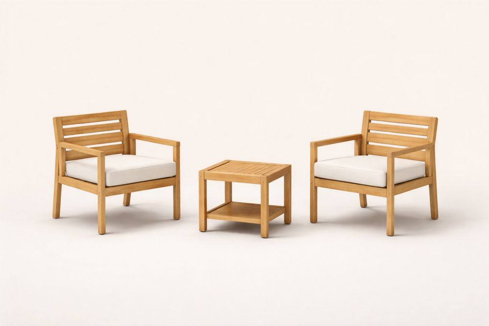 Teak wood Lounge Chair and Table Set with Cushions in Natural Wood and White-Calmorano