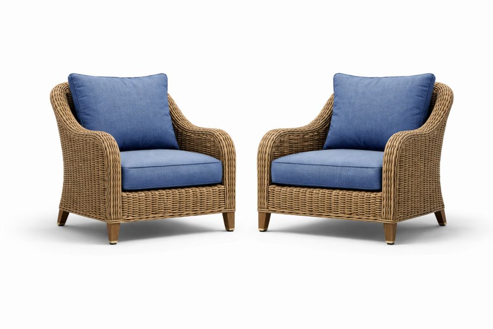 Set of 2 Wicker Armchairs with Polyester Cushions Blue-Calmorano