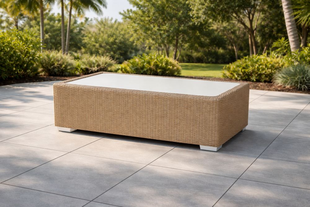 Outdoor Rectangular Aluminum Wicker Coffee Table Glass Top Beige-Calmorano
