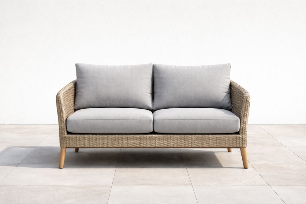 Rattan Wicker Outdoor Sofa with Grey Cushions-Calmorano