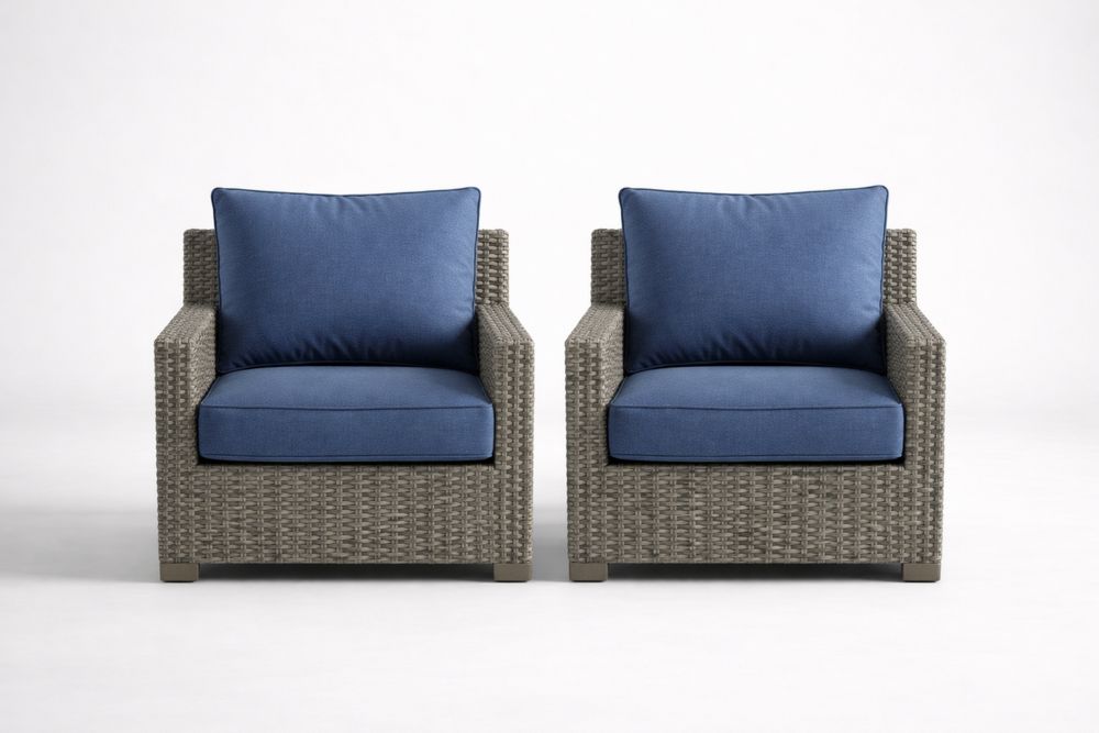 Outdoor Wicker Armchair Set with Polyester Cushions Blue/Grey-Calmorano