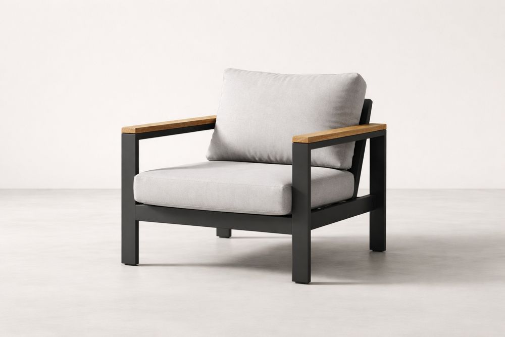 Outdoor Armchair with Aluminum Frame and Teak Accents - Light Gray Cushions-Calmorano