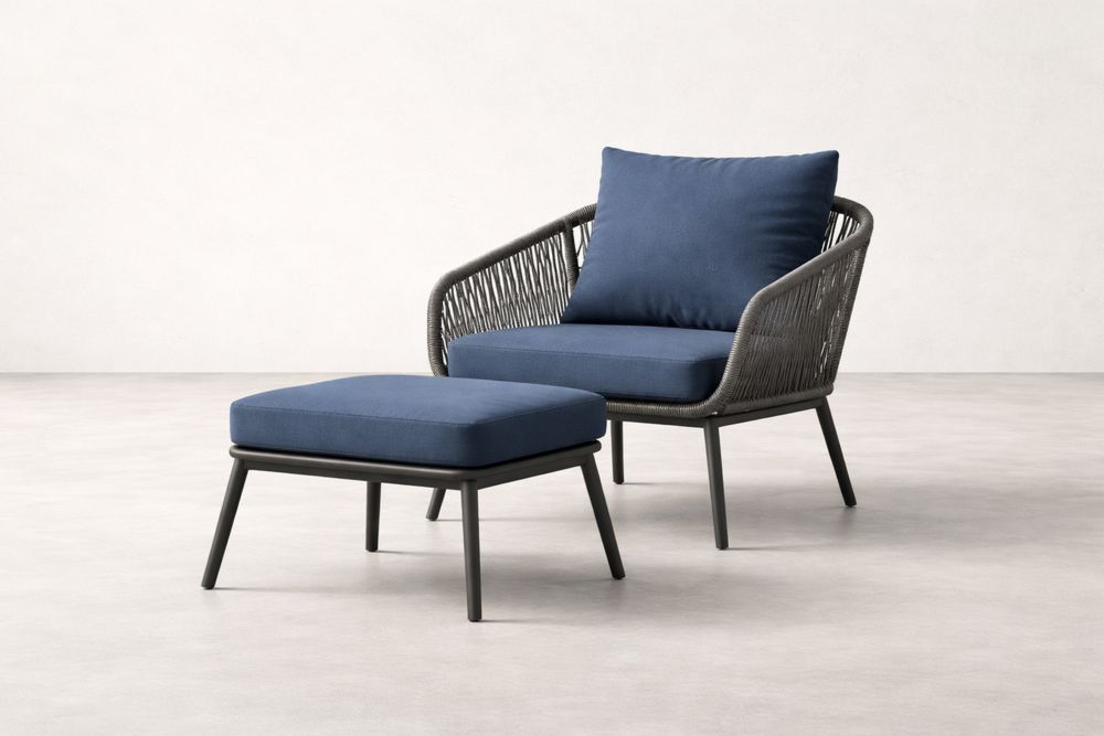 Outdoor Armchair and Ottoman with Aluminum Frame and Polyester Cushions in Blue-Calmorano