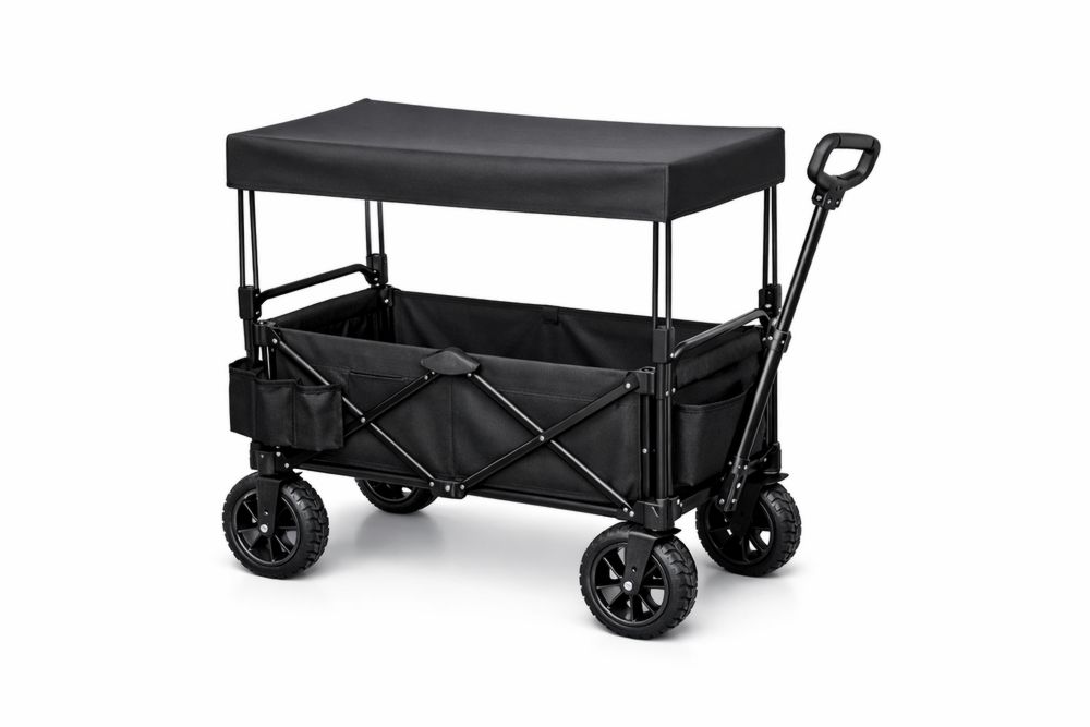 Black Collapsible Utility Wagon with Canopy and Adjustable Handle-Calmorano