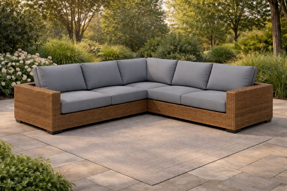 Wicker Outdoor Sectional Sofa Set with Cushions L-Shaped Brown/Gray-Calmorano