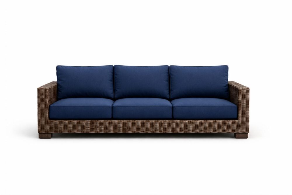 Outdoor Wicker Sofa with Polyester Cushions 3-Seater Rattan Frame Blue-Calmorano
