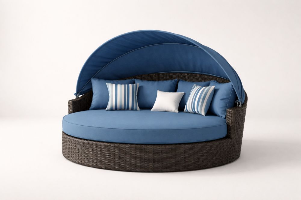 Round Outdoor Sun Lounger with Blue Cushions-Calmorano