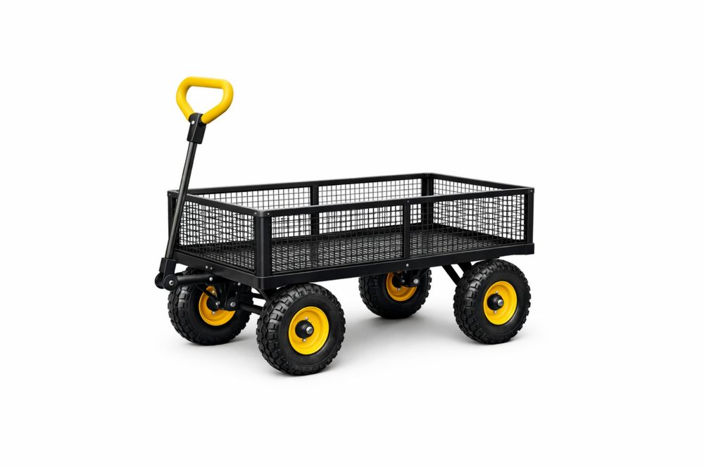 Steel Mesh Utility Cart with Yellow Handle and Wheels-Calmorano