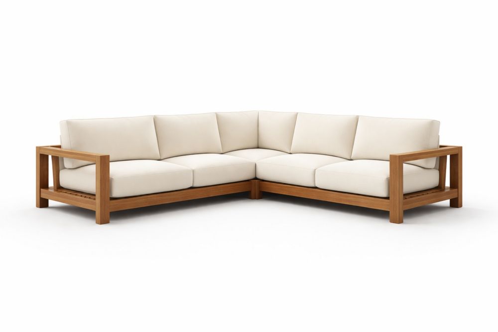 Outdoor L-Shaped Sectional Sofa Teak Wood Frame Beige Cushions-Calmorano