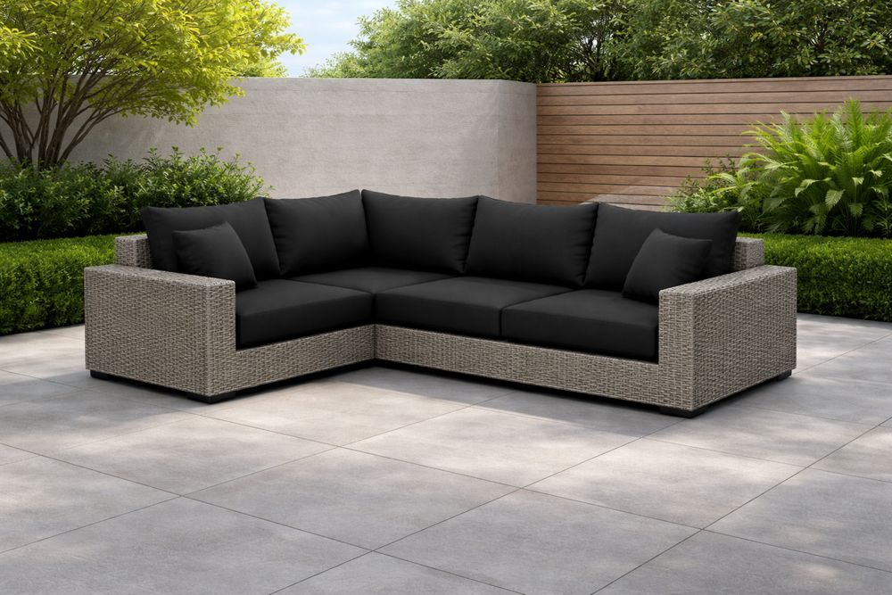 Outdoor Wicker Sectional Sofa Set L-Shaped with Black Cushions-Calmorano