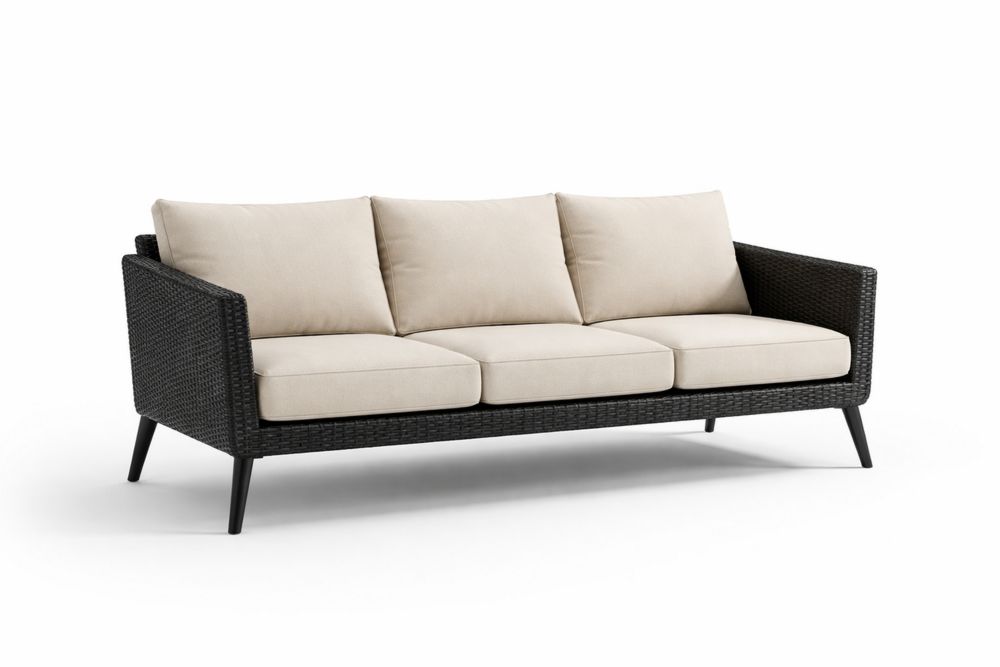 Outdoor Three-Seater Sofa with Synthetic Wicker Frame and Polyester Cushions-Calmorano