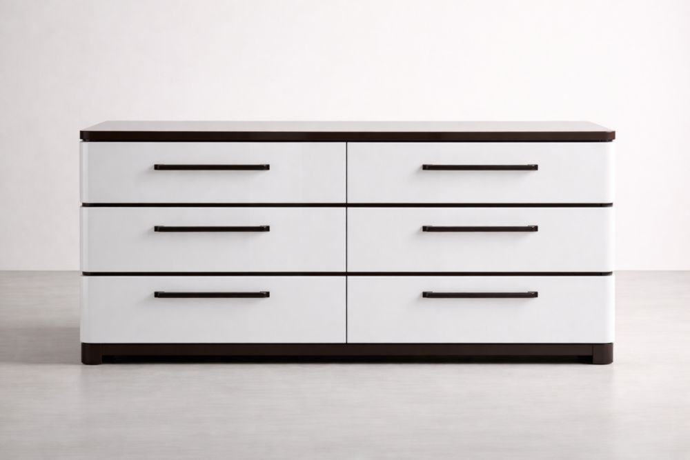 White MDF Dresser with 6 Drawers and Metal Handles