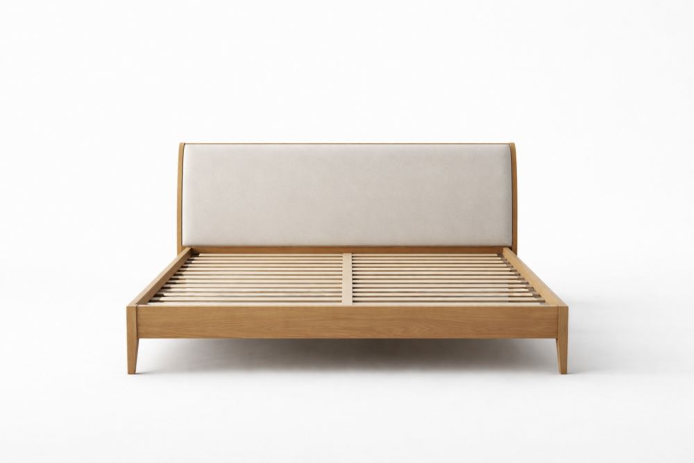 Wooden bed frame with upholstered headboard oak/beige