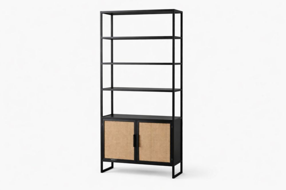 Black Metal and Rattan Bookshelf with Cabinet 180cm Height