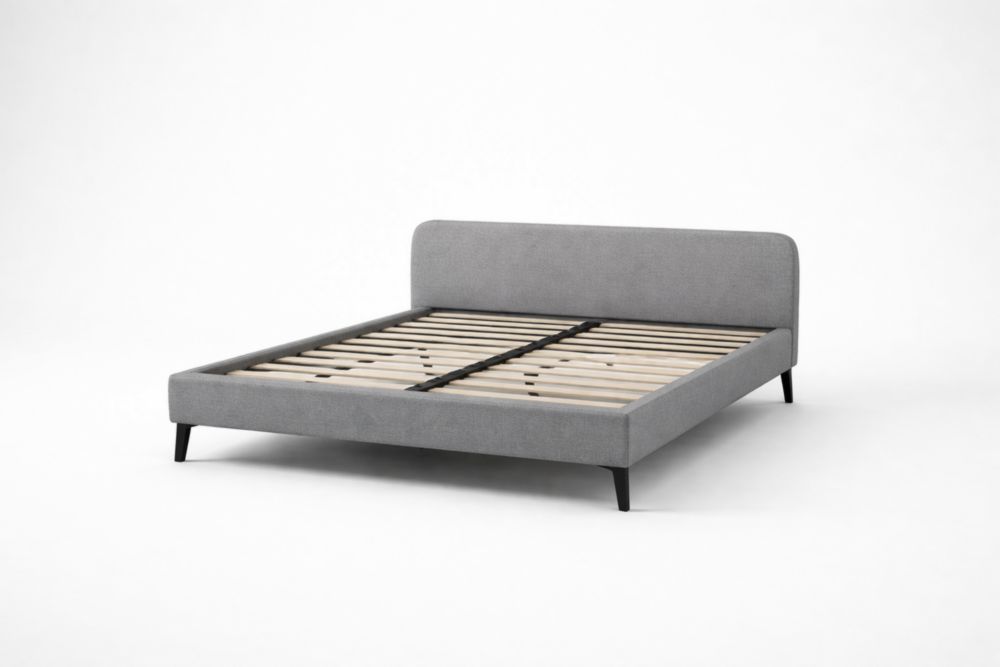 Gray polyester fabric bed frame with wooden slats