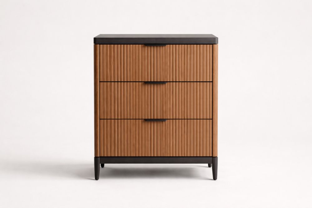 Three-Drawer Cabinet Brown/Black Wood/Steel 80cm Height