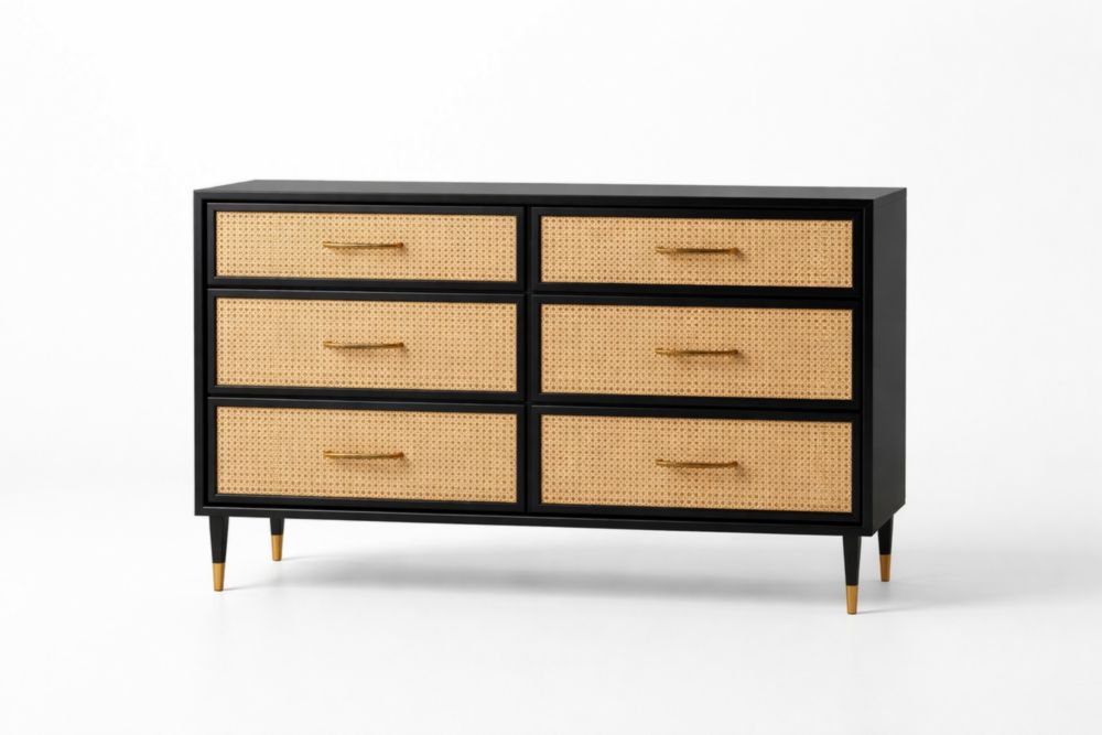 Wood Chest of Drawers with Cane Fronts and Black Frame