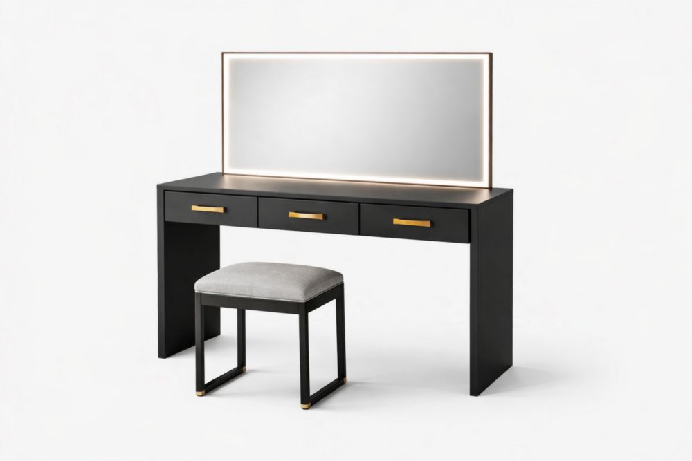 Vanity Table Set with Mirror and Stool Black MDF and Fabric