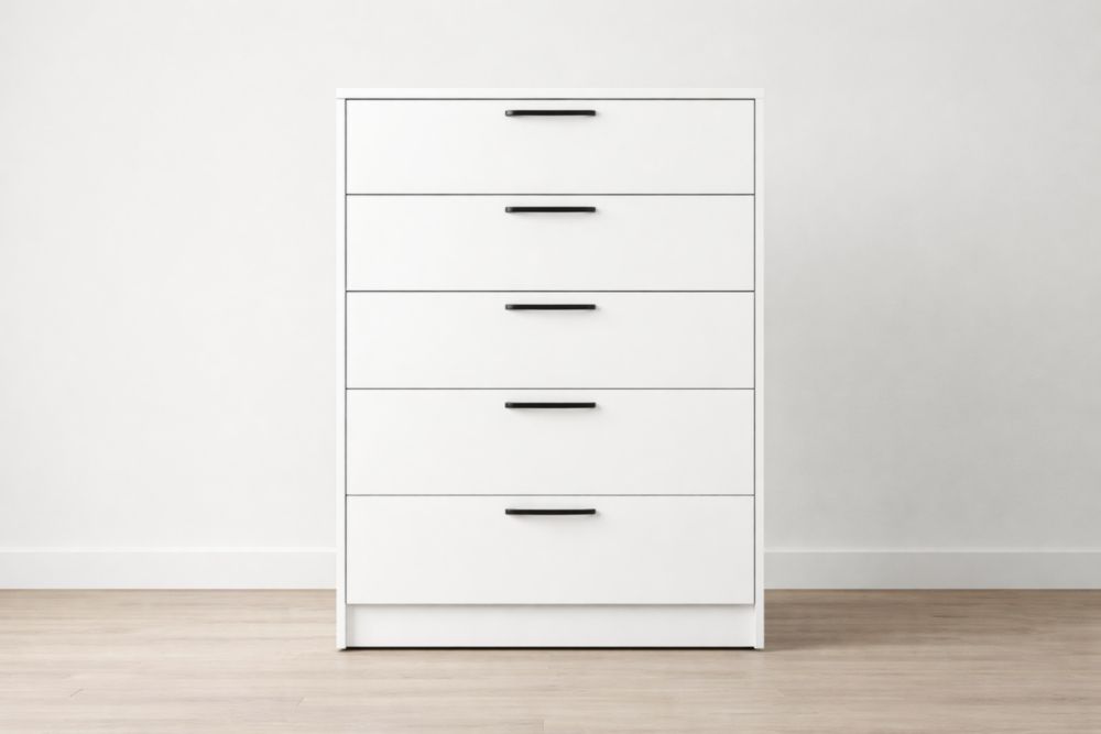 White MDF Tall Dresser with 5 Metal Handle Drawers