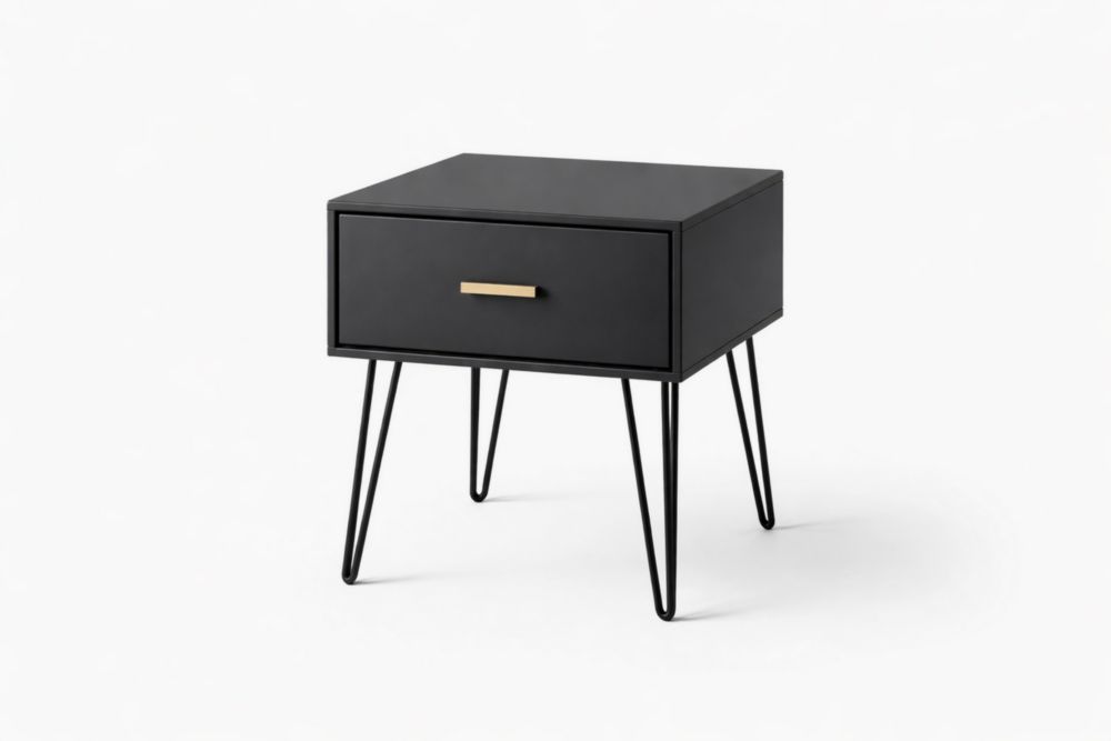 Black MDF and Metal Nightstand with Drawer 60cm x 40cm x 50cm