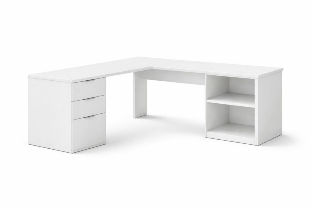 White L-Shaped Particleboard Office Desk with Drawers and Shelves