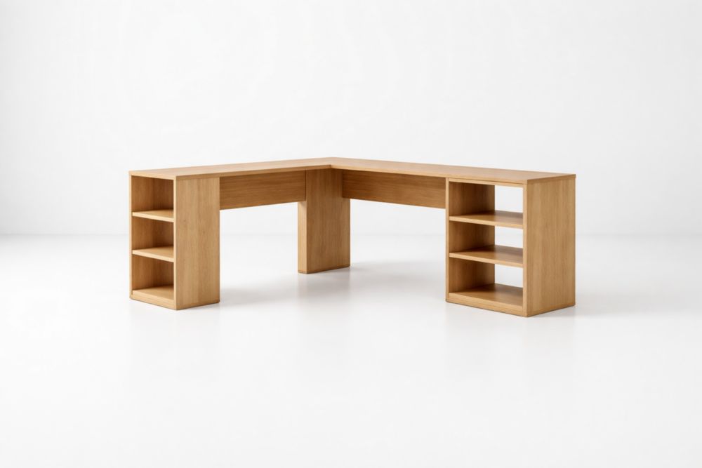 L-Shaped Oak Veneer Desk with Open Shelves 180x150x74 cm