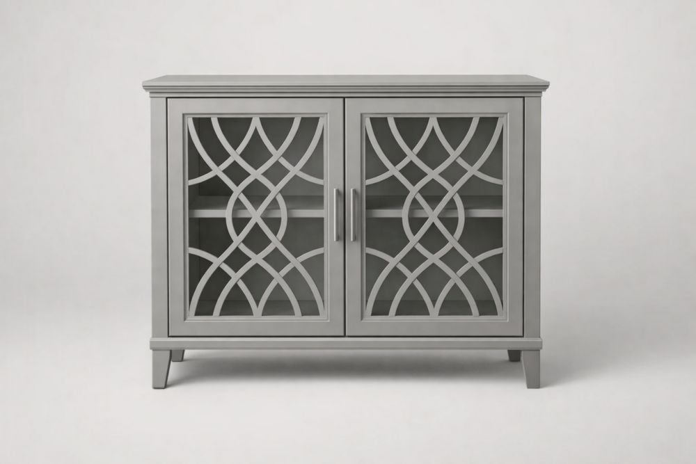 Gray MDF Cabinet with Decorative Tempered Glass Doors 31.5in Height