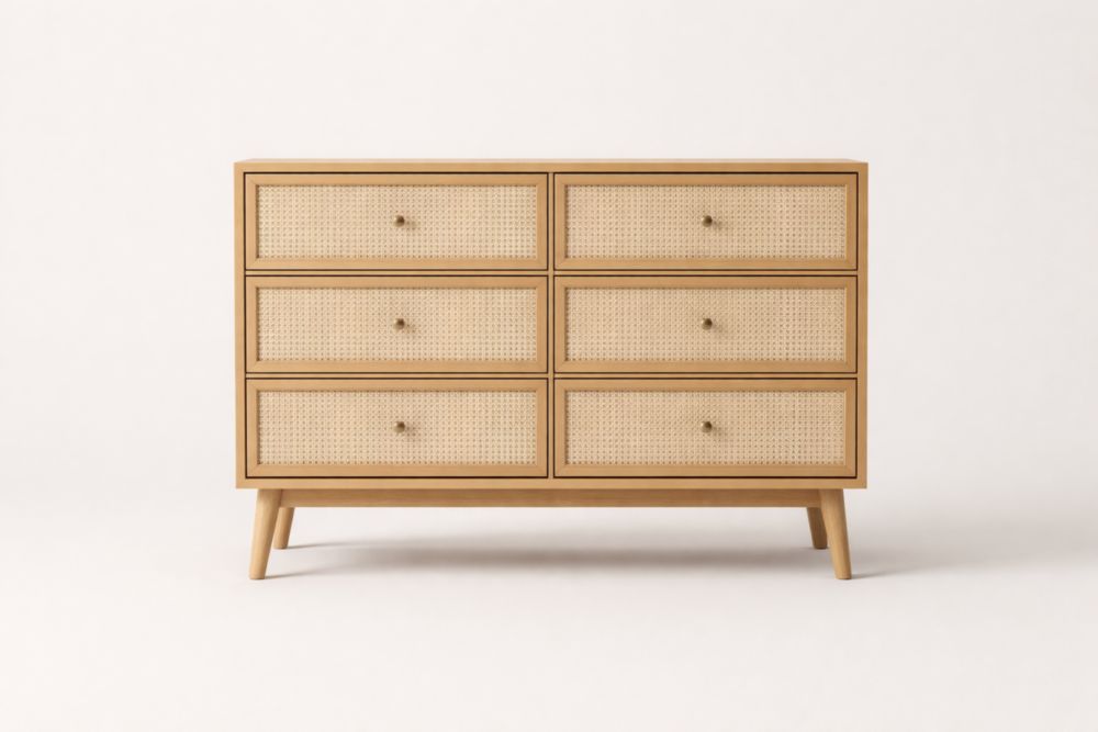 Wood 6-Drawer Dresser with Cane Inlays