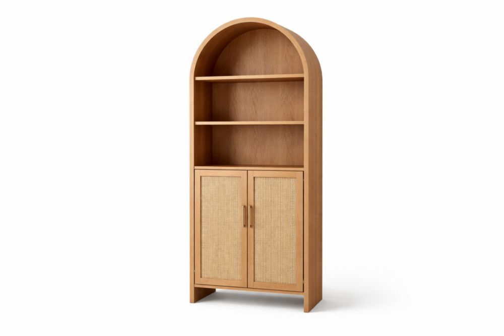 Wooden Arched Bookshelf with Cane Doors and Shelves