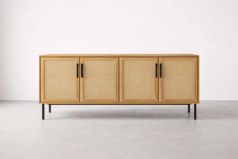 Wood Sideboard with Natural Oak and Cane Doors 160cm