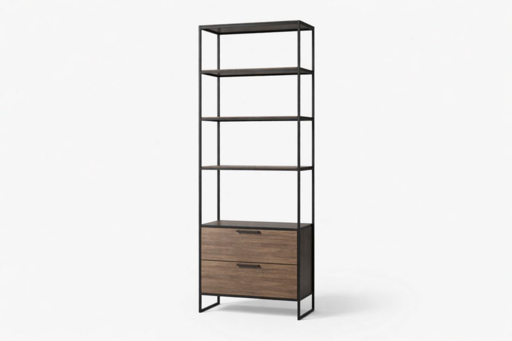 Industrial Bookshelf with Drawers Black Metal and Wood 4 Tier 200 cm