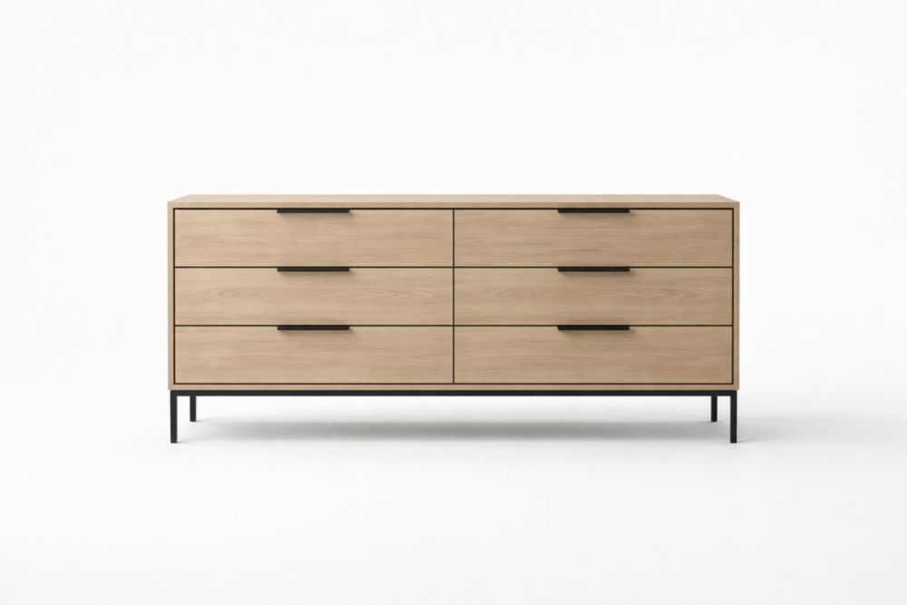 Wood Dresser with Black Metal Frame Six Drawers Oak Veneer