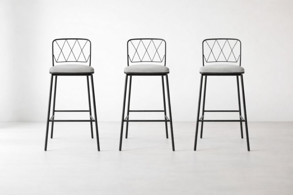 Set of 3 Black Metal Bar Stools with Gray Upholstered Seats