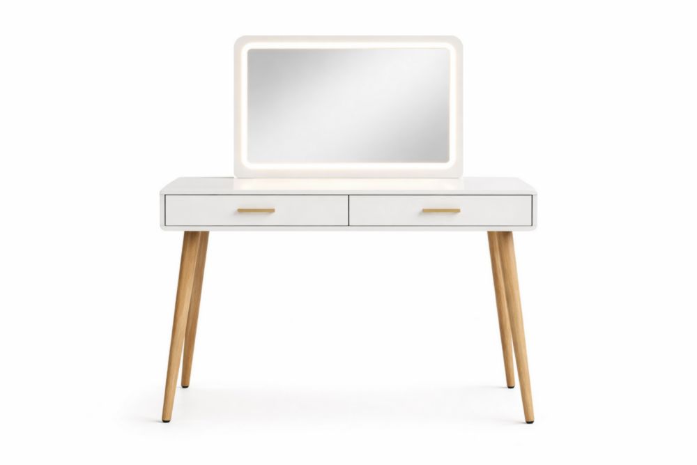 White MDF Vanity Table with LED Mirror and Wood Legs