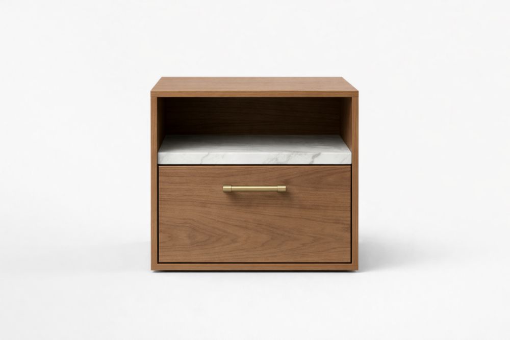 Solid wood nightstand with faux marble textured wood panel surface and brass handles 40x35x50 cm