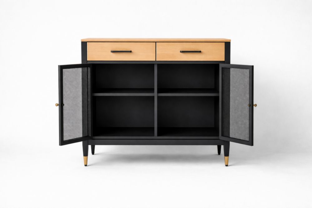Wood and Metal Black Sideboard with Mesh Doors and Drawers
