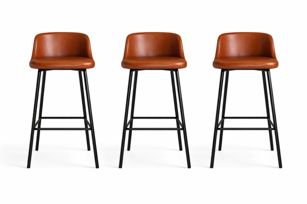 Set of 3 Brown PU Leather Bar Stools with Metal Frame 104cm Height
