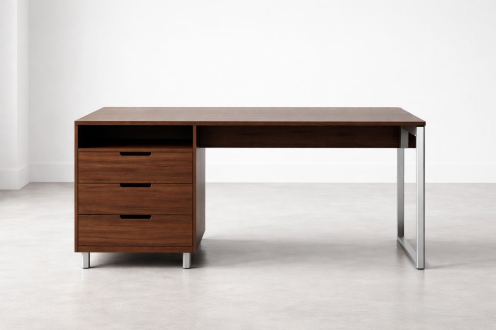 Brown MDF Office Desk with Three Drawers and Metal Legs