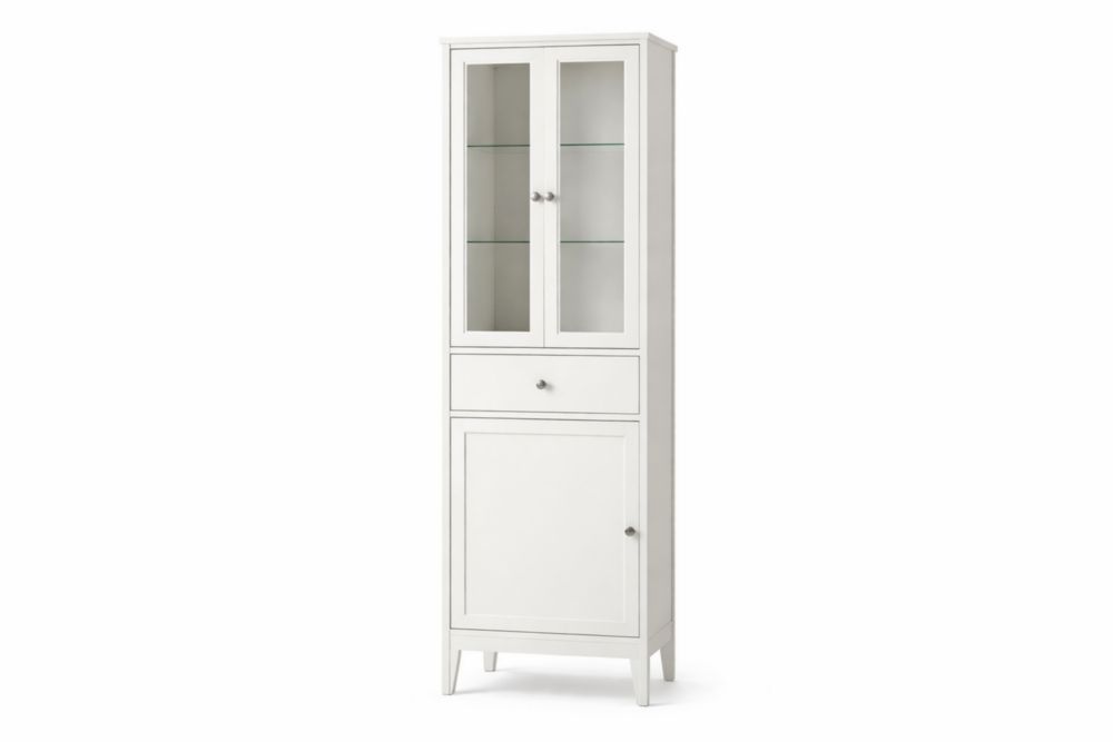 White Wood Display Cabinet with Glass Doors and Shelves