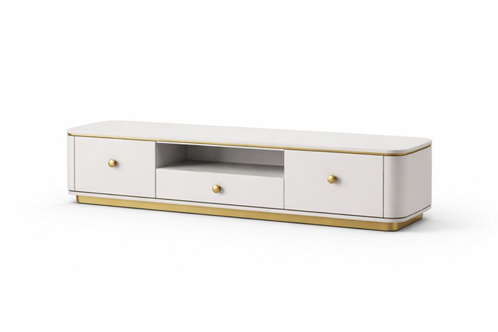White Wood TV Stand with Gold Trim and Drawers 180cm